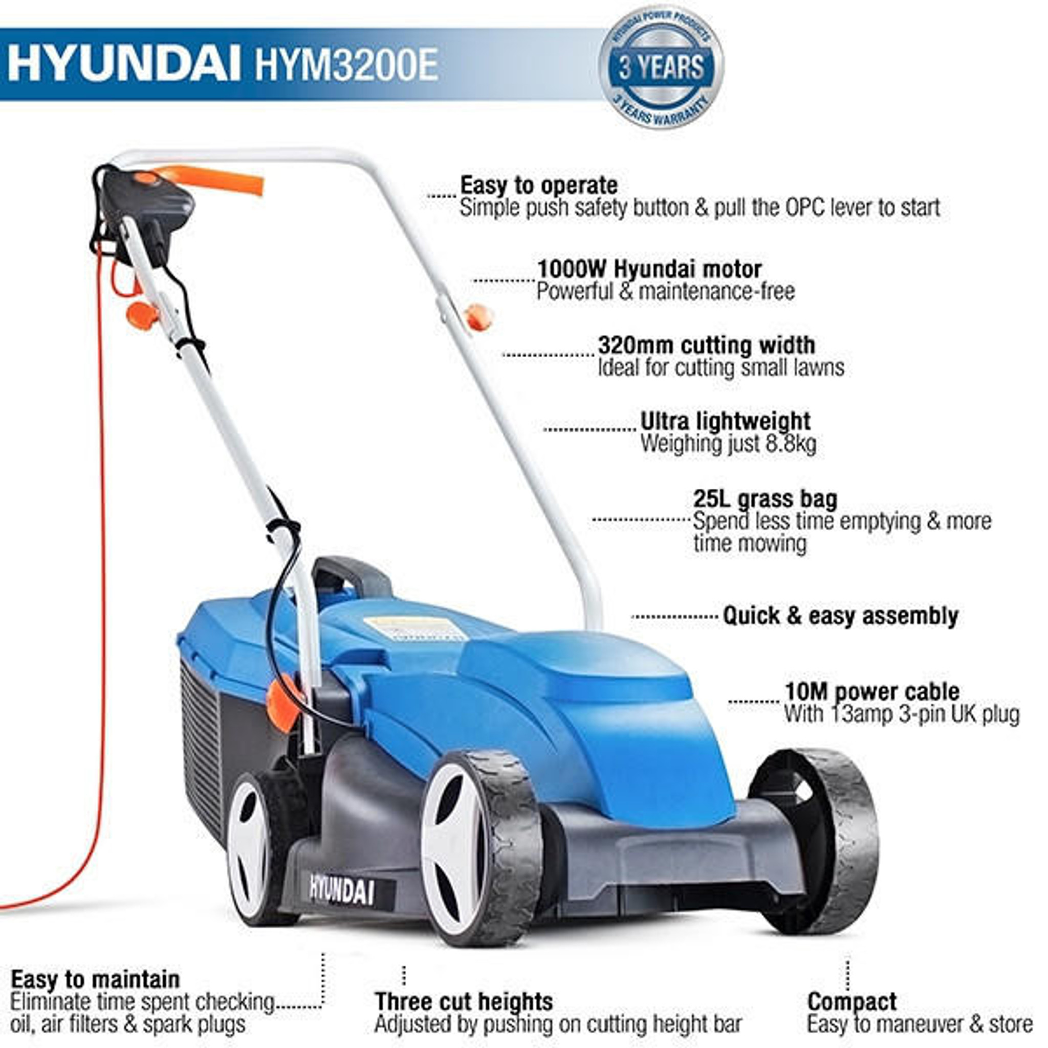 Hyundai Corded Electric 1000W / 240V Rotary Lawnmower