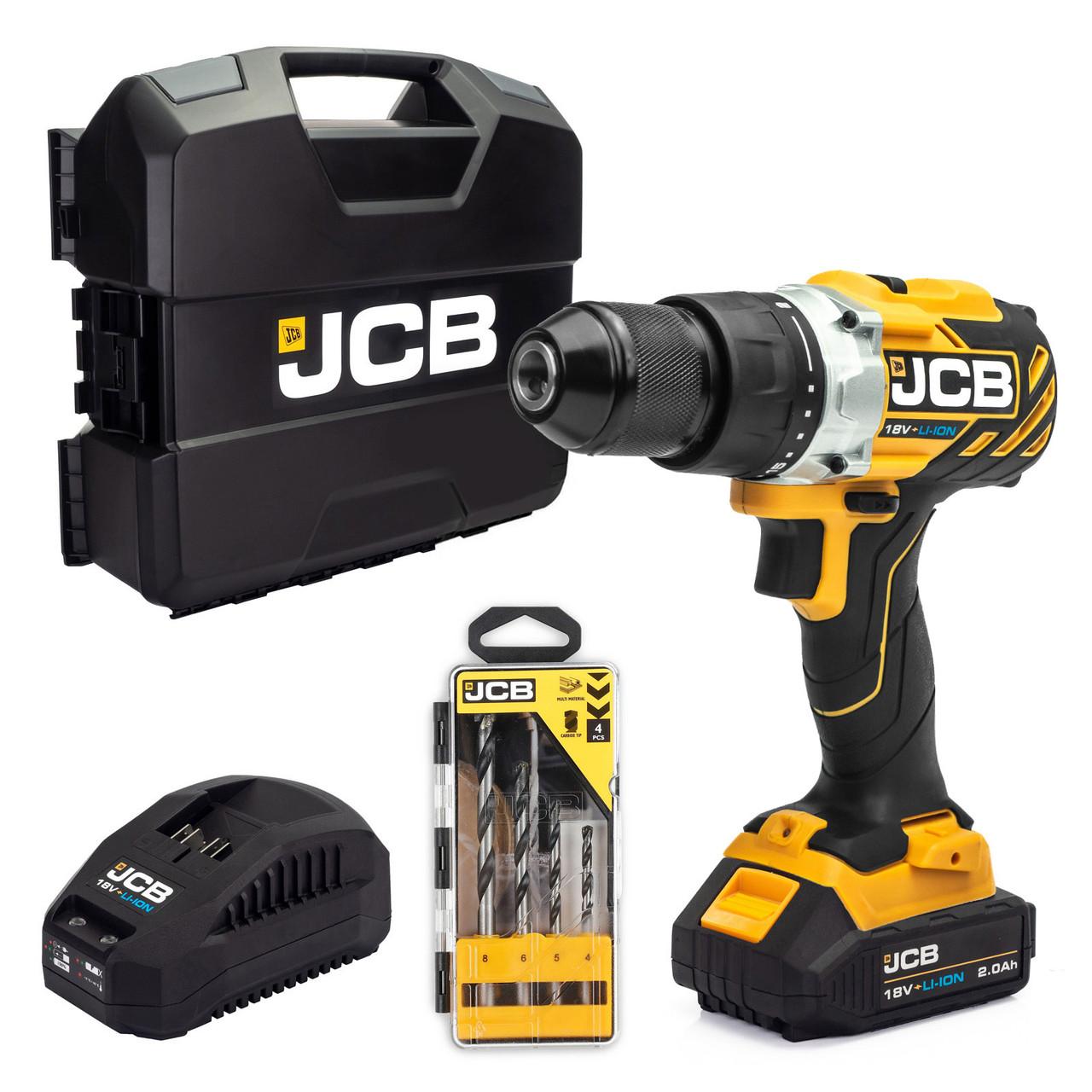 JCB 18V Brushless Drill Driver 1x Lithium-Ion battery and fast  charger with 4pc multipurpose drill bit set in W-Boxx 136 21-18BLDD-2X-WB