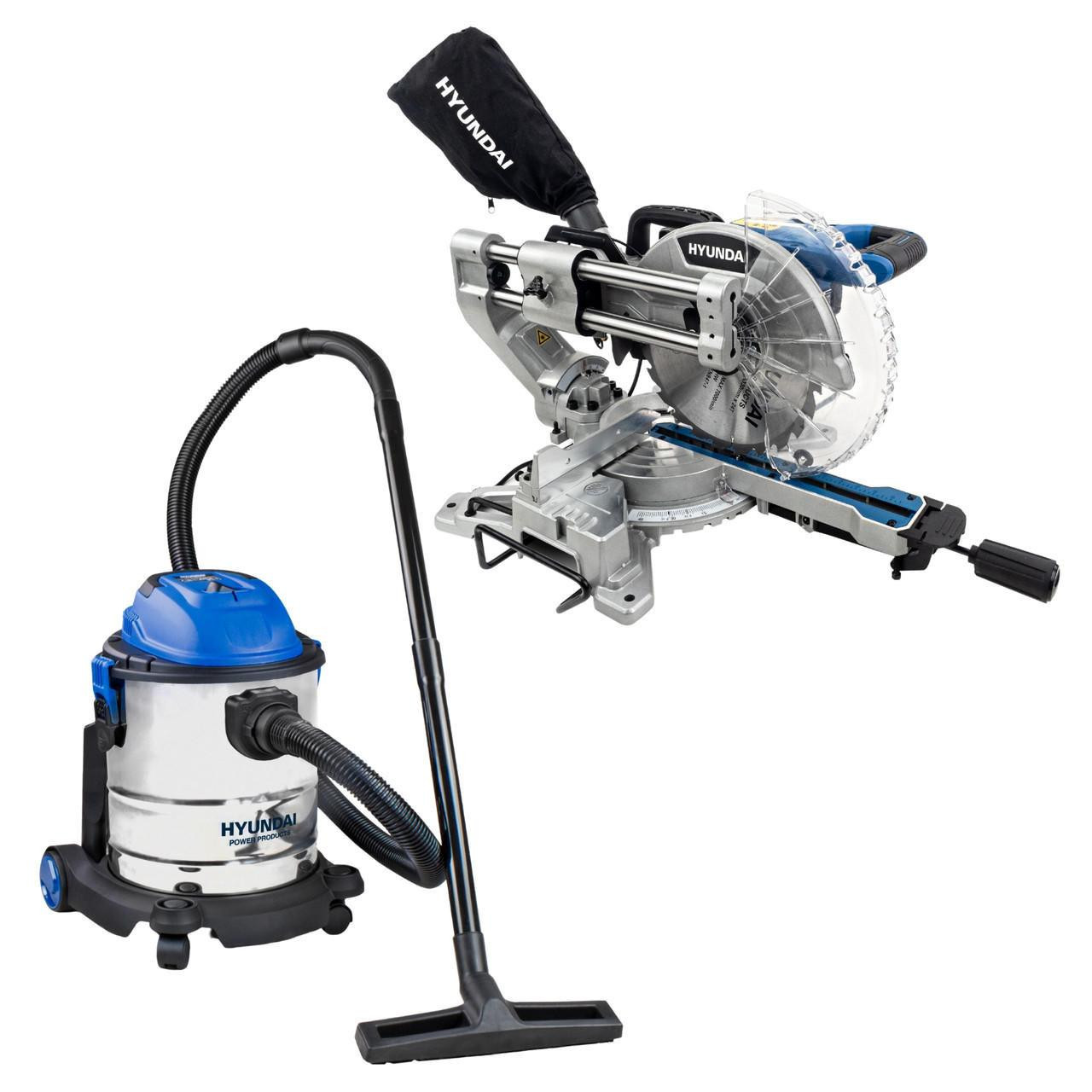 Hyundai 2000W Sliding Mitre Saw 255mm Blade & Vacuum Cleaner 1200W Bundle-77373 