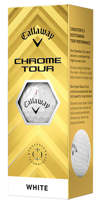 A gold sleeve of 3 Callaway Chrome Tour golf balls