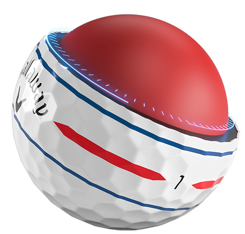 A Callaway Chrome Soft 360 Triple Track golf ball. Cut open in half to show the inner core construction