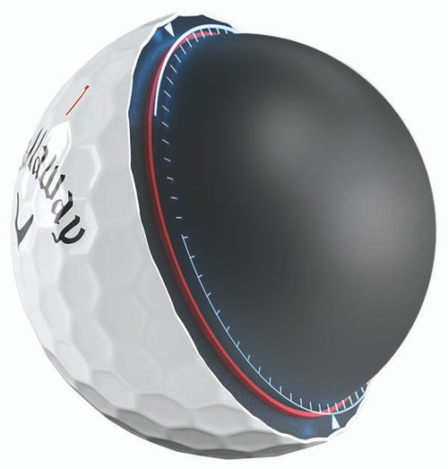 A single white Callaway Chrome Soft X golf ball cut in half to show the composition of the ball