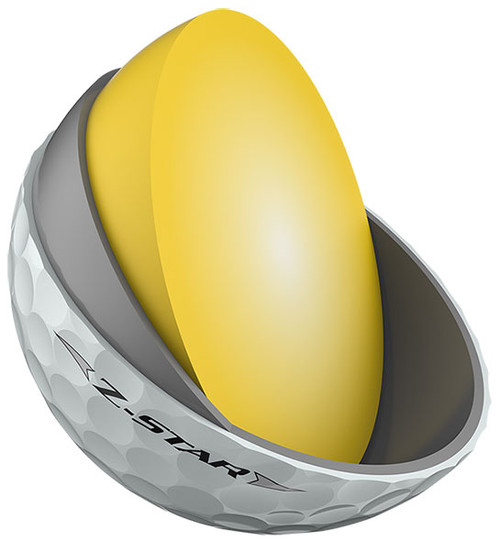 A single white Srixon Z Star golf ball cut in half to show the 3 layers