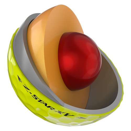 A single Srixon Z Star XV Yellow golf ball cut in half to show all of the layers of the ball