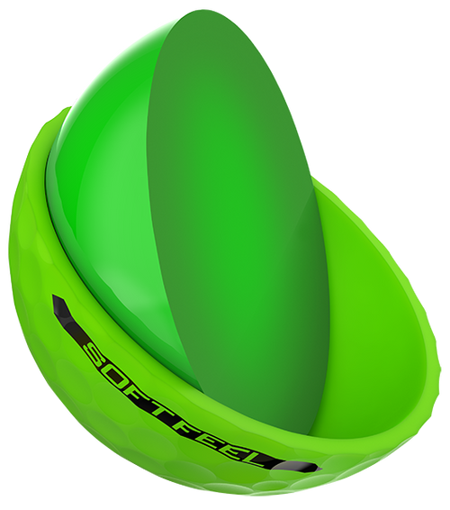 A single green Srixon Soft Feel golf ball cut in half to show the inner core