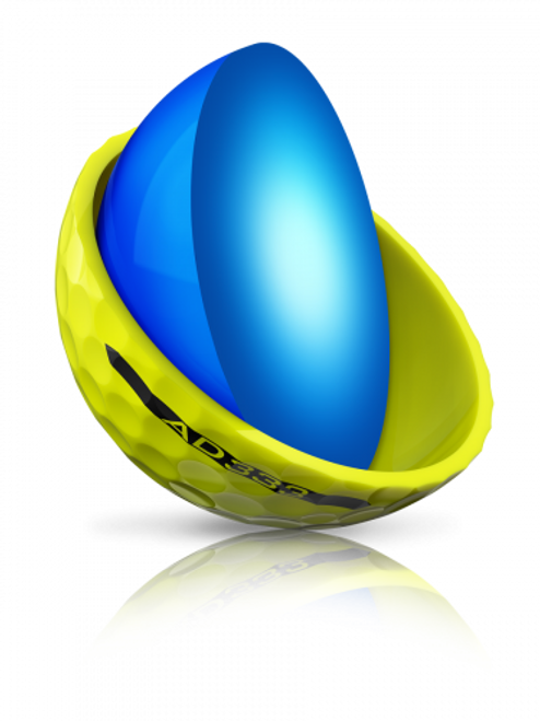A single yellow Srixon AD333 yellow golf ball cut in half to see the inner core