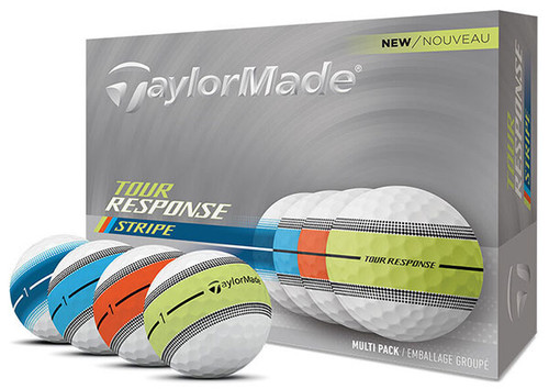 A box of TaylorMade Tour Response Stripe mixed golf balls. 4 of the balls are loose, each has a different colour stripe around the middle . One green, one orange, one pale blue and one dark blue