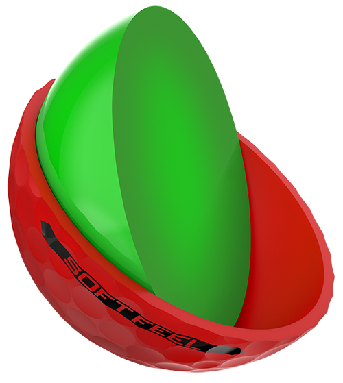 A single Srixon Soft Feel red golf ball cut in half to show the inner construction