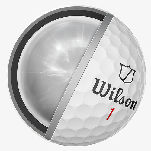 A single Wilson Staff Model X golf ball, the ball has a cut out to show the inner construction