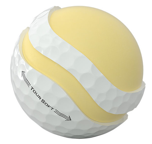 A single white Titleist Tour Soft golf ball cut in sections to show the inner core