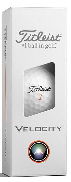 A white sleeve of three Titleist Velocity golf balls