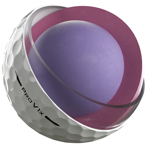 A single Titleist Pro V1x golf ball cut in half to show the balls layers