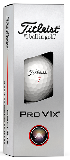 A silver and red sleeve of 3 Titleist Pro V1x 5,6,7,8 golf balls