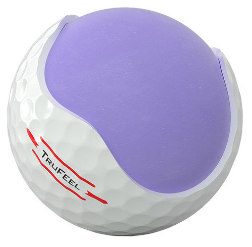 A single white Titleist TruFeel golf ball cut in half to show the core