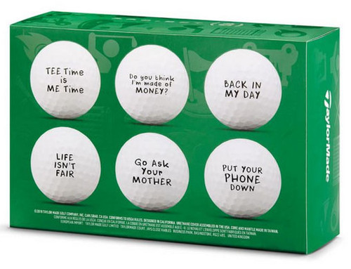 The back of a box of TaylorMade Project (a) golf balls showing the phrases which are printed on each one.