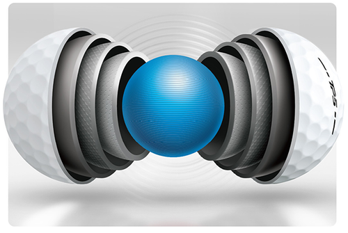 A single TaylorMade TP5 golf ball cut in half to show the 5 layers