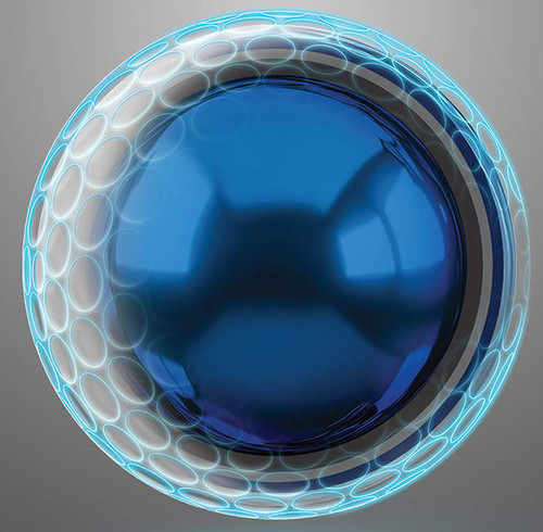 A single TaylorMade TP5 golf ball cut in half to show the 5 layers