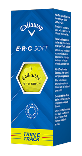 A blue sleeve of 3 Callaway ERC Soft Yellow Triple Track golf balls