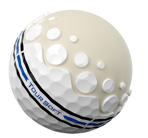 A single white Titleist Tour Soft AIM 360 golf balls cut away to show the inner core