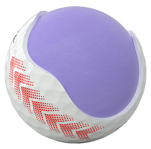 A white TruFeel AIM 30 golf ball cut in half to show the inner core.