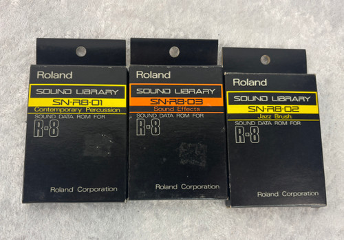 Lot of 3 Roland Sound Library R-8 Sound Data Rom Cartridges SN-R8-01 SN-R8-02 SN