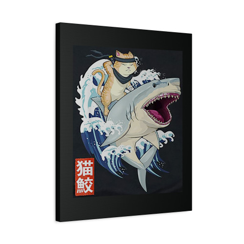 Retro Japanese Samurai Cat Riding A Shark Canvas Print Poster