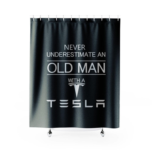 Tesla Funny Never Underestimate Old Man Car Shower Curtains