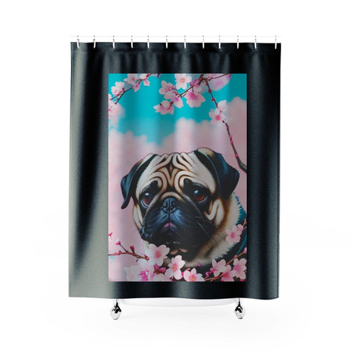 Pug With Cherry Blossoms Shower Curtains