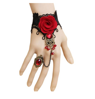 Gothic Style Lace Bracelet with Adjustable Finger Ring