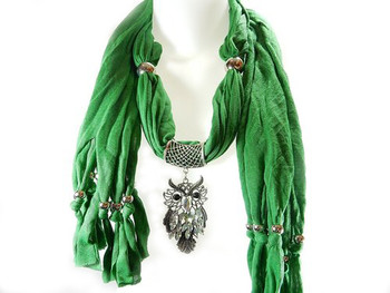 Fashion Green Necklace-scarf Rhinestone Owl Pendant Jewelry Beaded Tassels 