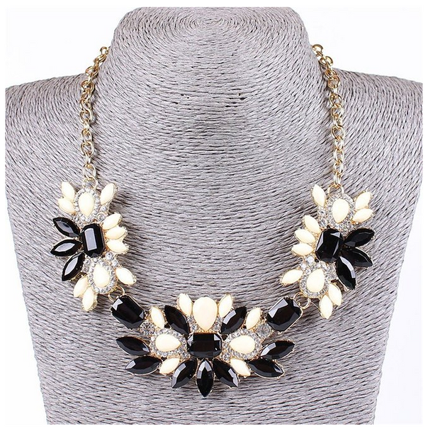 Rhinestone Beaded Flower Cluster Bib Statement Choker Necklace