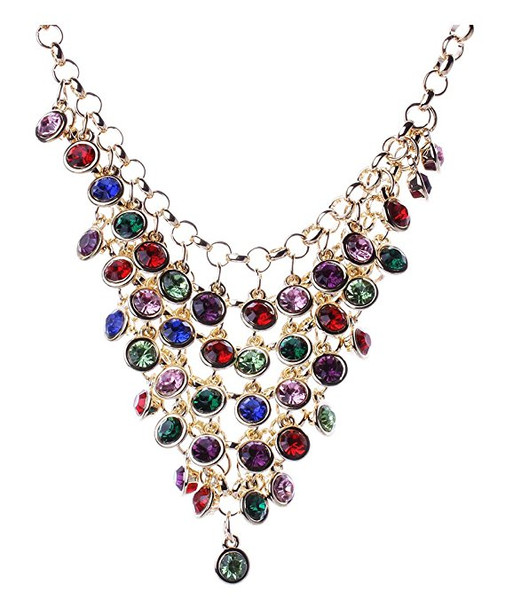 Colorful Crystal Inlaid Golden Chain V Neck Collar Necklace