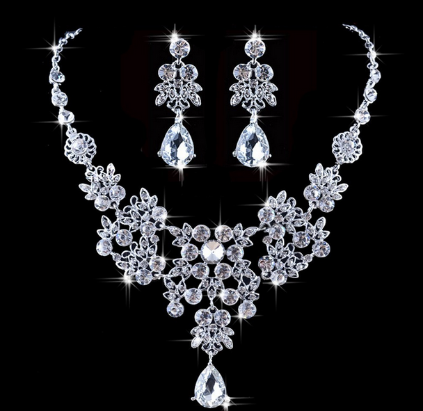 Rhinestone Earrings Crystal Pendant Necklace Bridal Jewelry Set