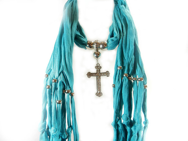Fashion Aqua Blue Scarf-necklace Rhinestone Cross Pendant Jewelry Beaded Tassels 