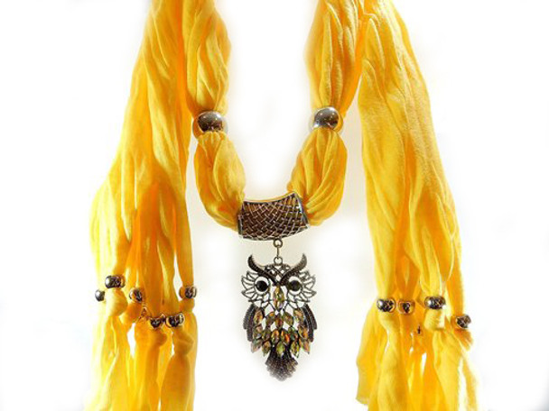 Fashion Yellow Necklace-scarf Rhinestone Owl Pendant Jewelry Beaded Tassels 