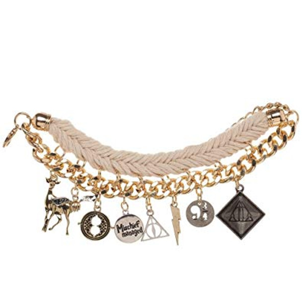 Harry Potter Official Gold and Cord Multi Charm Bracelet - Deathly Hallows 
