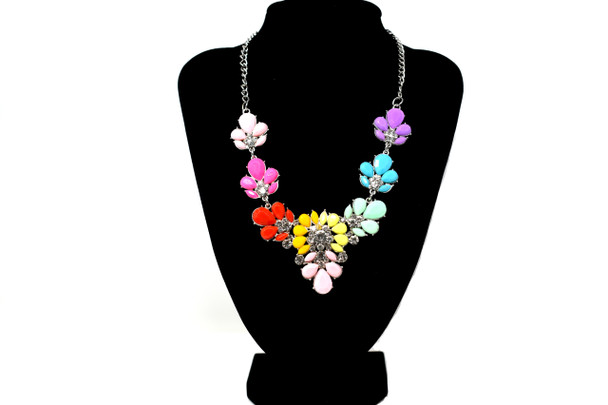 Silver Multicolor Flowers and Leaves Bib Necklace