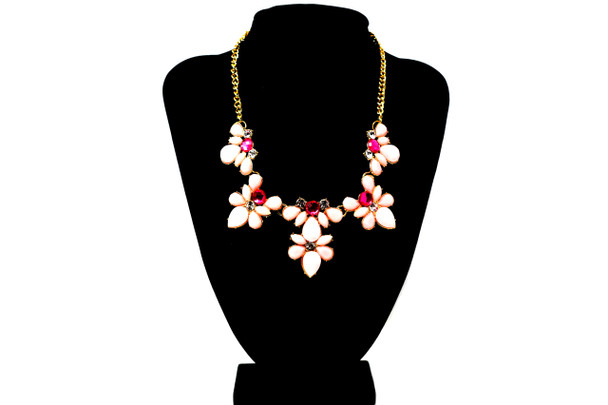 Golden Pink Flowers Bib Necklace