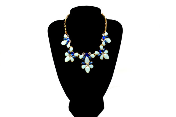 Golden Blue Flowers Bib Necklace