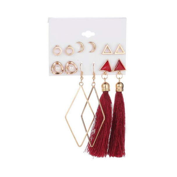 Triangular Wine Red Earrings 6 Pairs Set