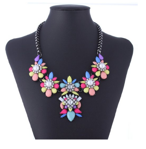 Black Chain Resin Flower Beaded Y Bib Statement Choker Necklace ...