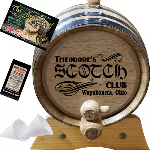 Personalized American Oak Scotch Aging Barrel (201) - Custom Engraved Barrel From Skeeter's Reserve Outlaw Gear™ - MADE BY American Oak Barrel™ - (Natural Oak, Black Hoops)