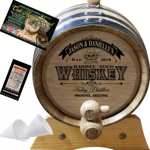 Barrel Aged Whiskey (103) - Personalized American Oak Whiskey Aging Barrel From Skeeter's Reserve Outlaw Gear™ - MADE BY American Oak Barrel™ - (Natural Oak, Black Hoops)