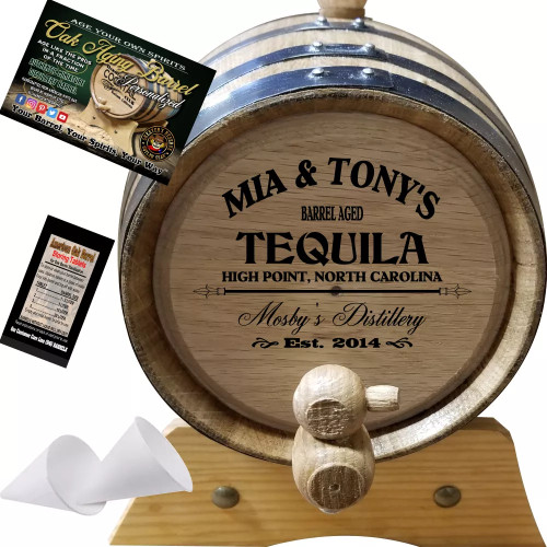 Personalized American Oak Tequila Aging Barrel (064) - Custom Engraved Barrel From Skeeter's Reserve Outlaw Gear™ - MADE BY American Oak Barrel™ - (Natural Oak, Black Hoops)