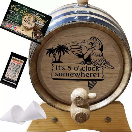 5 o' Clock Somewhere (015) - Engraved Scotch Aging Barrel From Skeeter's Reserve Outlaw Gear™ - MADE BY American Oak Barrel™ - (Natural Oak, Black Hoops)