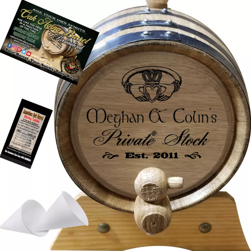 Irish Claddagh (036) - Personalized Aging Barrel From Skeeter's Reserve Outlaw Gear™ - MADE BY American Oak Barrel™ - (Natural Oak, Black Hoops)