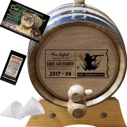 Dad's Hunting Reserve (072) - Personalized Aging Barrel From Skeeter's Reserve Outlaw Gear™ - MADE BY American Oak Barrel™ - (Natural Oak, Black Hoops)