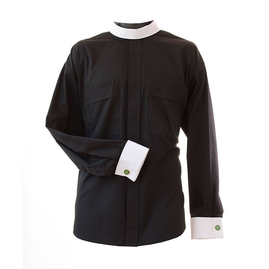 Long Sleeve Neckband Shirt w/ French Cuffs black color Long Sleeve Neckband Shirt w/ French Cuffs black color