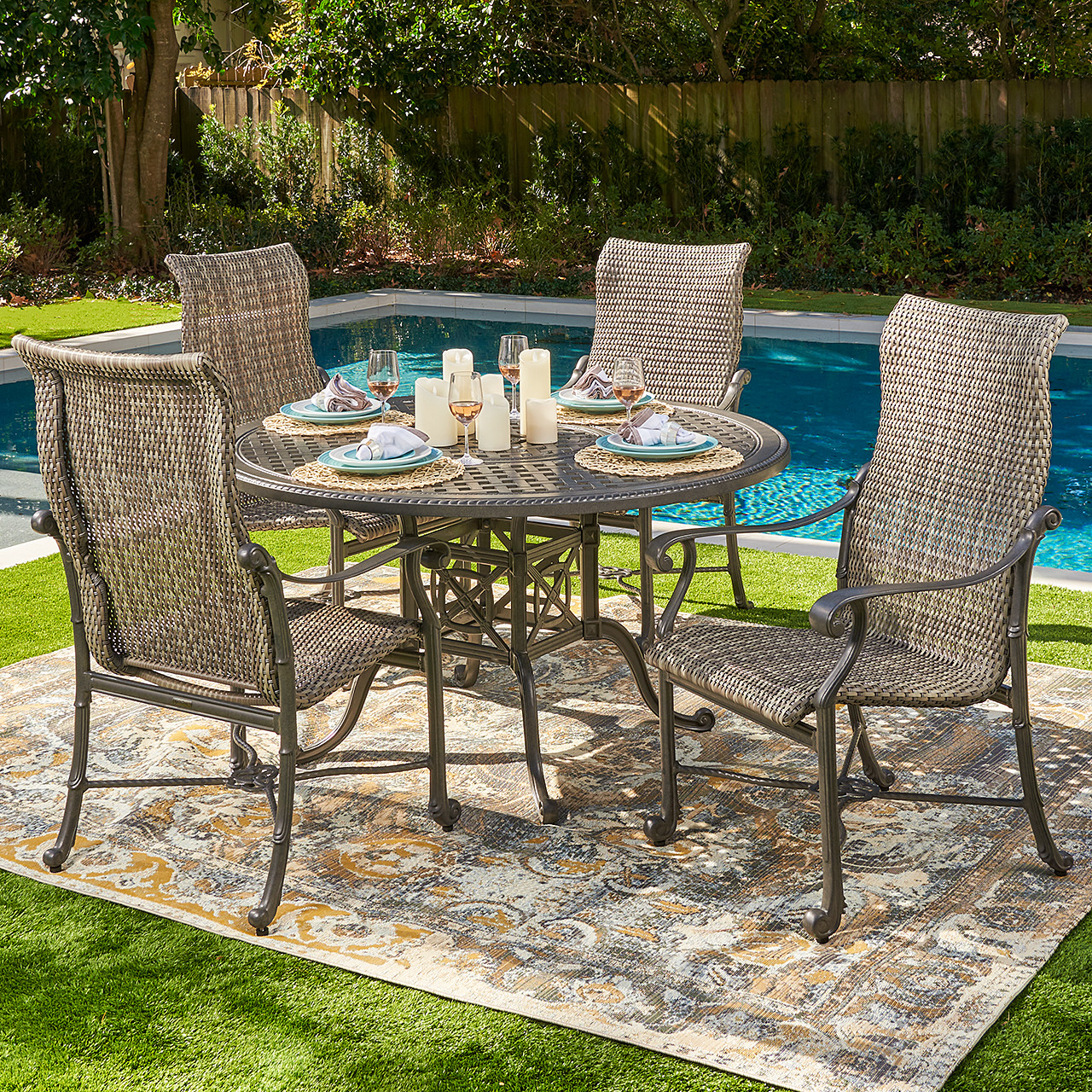 Florence Shade Cast Aluminum and Ash Outdoor Wicker 5 Pc. Dining Set with 54 in. D Table