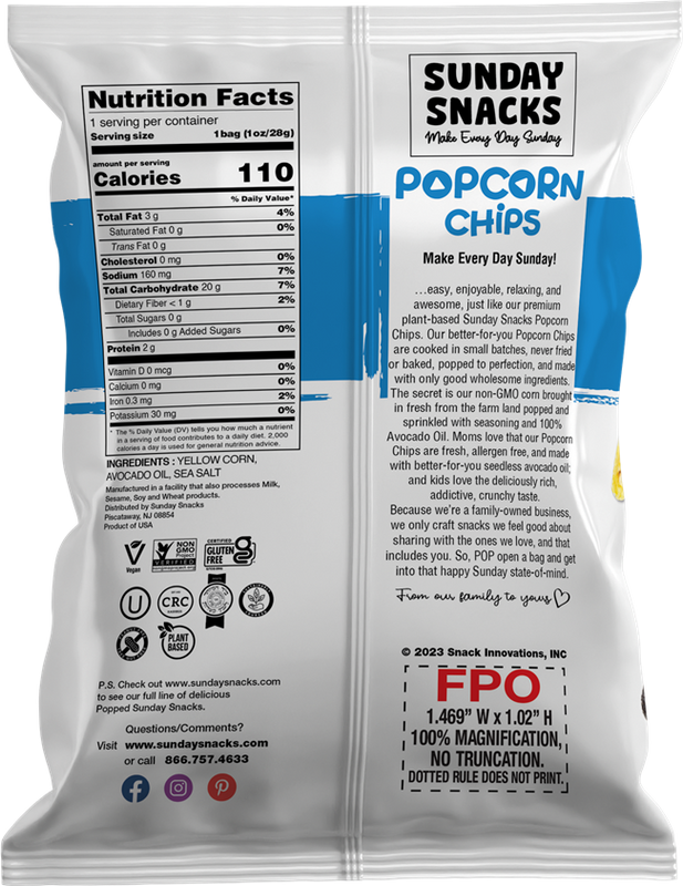 Sunday Snacks Sea Salt Popcorn Chips, 10 individual bags,.21gm Never